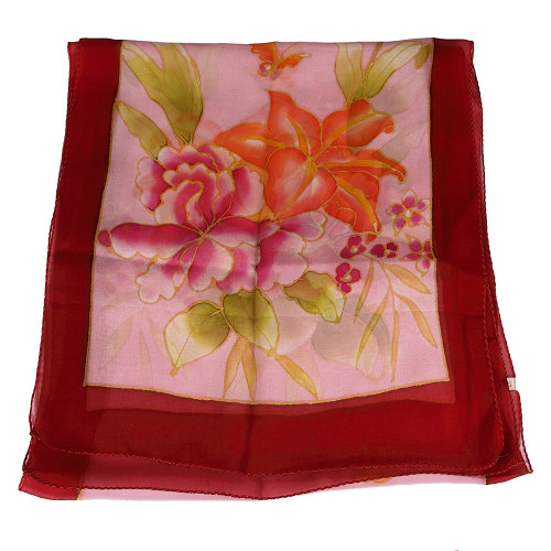 Schal aus Seide, Seidenschal, handbemalt, mehrfarbig, rosa, rot,4758